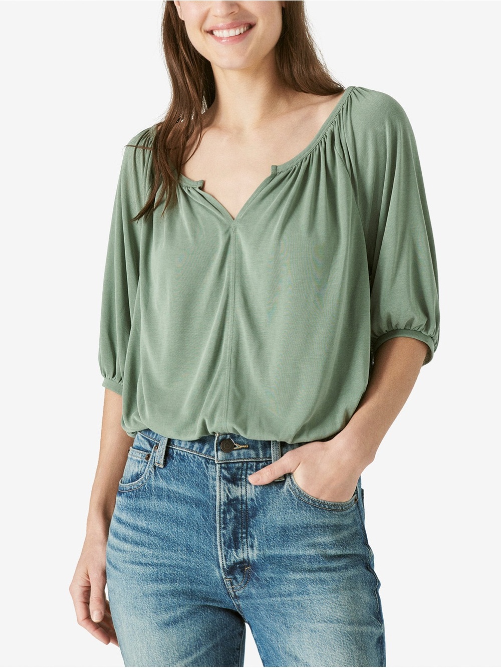 Lucky Brand Sage Green V-Neck Dolman Sleeve Cropped Flowy Blouse Top Minimalist